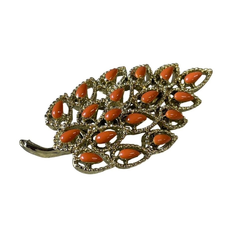 Vintage Gold-Tone‎ Brooch With Orange Beaded Leaf Design